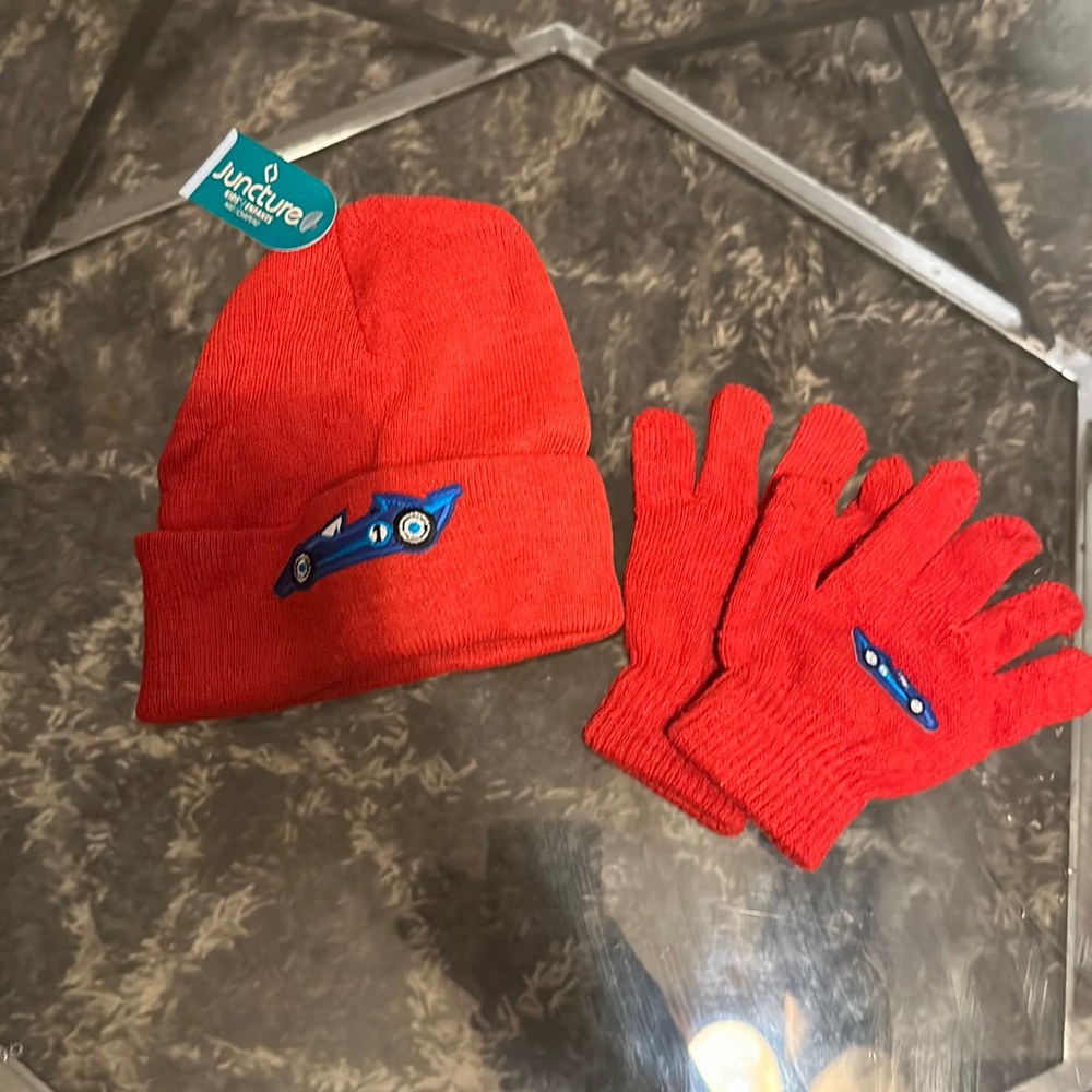 Red car hat and glove set toddler boy hat new gloves worn once